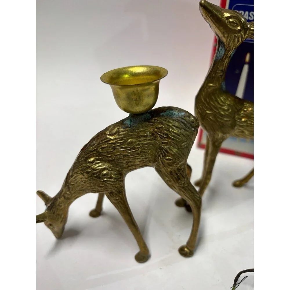 Vintage Brass Deer Taper Candle Holders Christmas Around the World Set of 2